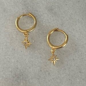Gold Star Burst Crystal Dangle Huggie Hoop Earrings 

Brand New